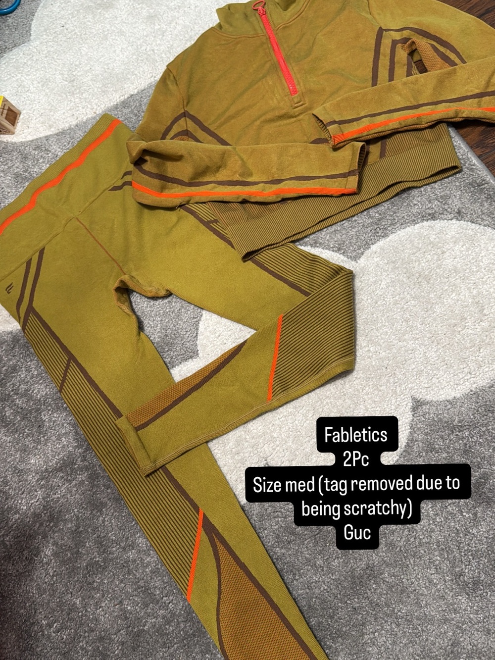 Fabletics Olive Green Seamless Active Set with Orange Trim